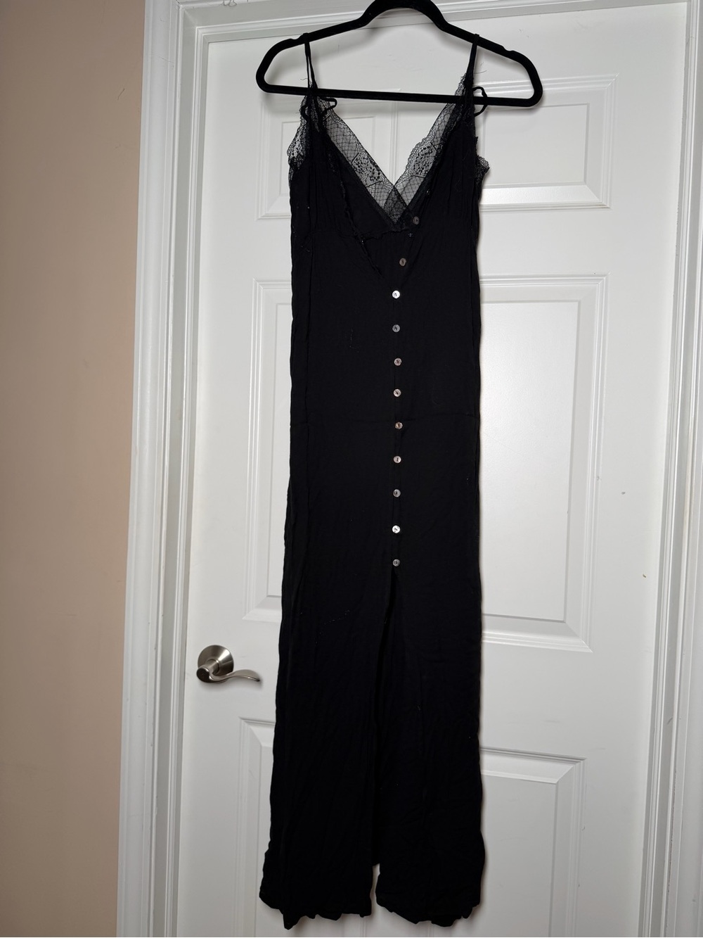 SHEIN Black Lace-Trim Button-Front Maxi Dress